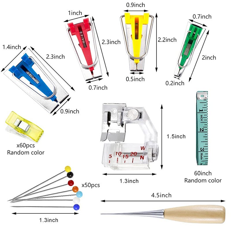 LUNARM Bias Tape Maker Kit, Bias Tape Tool with Instruction, 4 Sizes Bias Maker with 60 Pcs Sewing Clips, 50 Pcs Ball Point Pins, Awl, Sewing Machine Presser Foot for Fabric Sewing and Quilting - Image 2